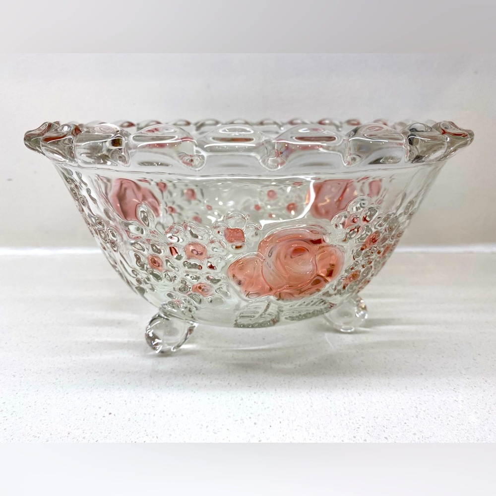 Vintage Walther Crystal Footed Bowl - Pink Rose design